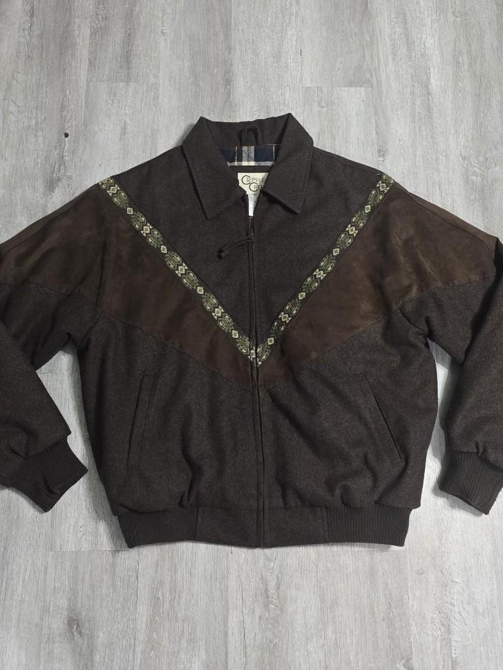 Vintage Cripple Creek Mens Bomber Jacket Brown Aztec Print Pattern Southwestern